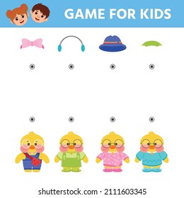 Educational children's game. Pick a headdress for a duck. Popular soft toy duck. LALAFANFAN.  Vector illustration. Activity for presсhool years kids and toddlers. 