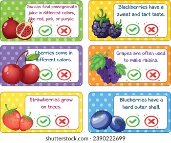 Educational children's game. Right or false? Fruits theme fun page for kids and toddlers. Material: learning cards for fruit teaching.