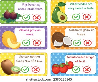 Educational children's game. Right or false? Fruits theme fun page for kids and toddlers. Material: learning cards for fruit teaching. Logical flashcards.