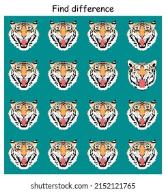 Educational children's illustration with repeating tiger, one of them is different.