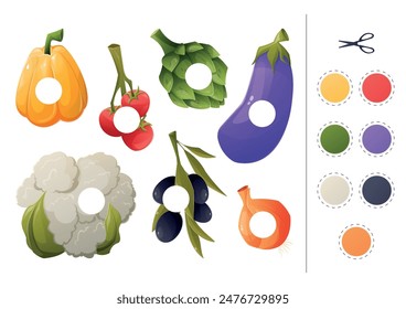 Educational children's patch game. Learning basic colors, cutting and gluing applique, activity page. Set of isolated cartoon vegetables.