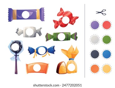 Educational children's patch game. Learning basic colors, cutting and gluing applique, activity page. Set of isolated cartoon candies.