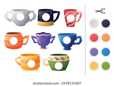 Educational children's patch game. Learning basic colors, cutting and gluing applique, activity page. Set of isolated cartoon cups and mugs.