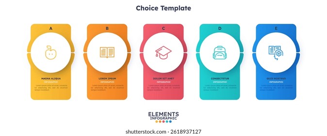 Plantilla de elección educativa con 5 pasos para el diseño infográfico con iconos y texto. Cinco Elementos circulares con marcos colocados en fila Horizontal. Ilustración vectorial