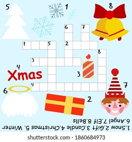 Educational Christmas crossword game for kids stock vector illustration. Funny children crossword with Christmas elf and more. Printable square children winter holidays worksheet. Onr of a series