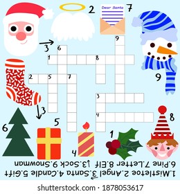 Educational Christmas crossword for kids stock vector illustration. Funny childish crossword with Santa, snowman, elf and more. Bold colors cartoon winter holidays word game for printing and enjoy