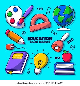 Conjunto de elementos de clipart educacional con estilo de doodle dibujado a mano de color