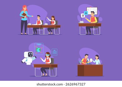 Educational collection of diverse activities in classroom setting. Teacher interacting with students, robot assisting learning, and collaborative projects
