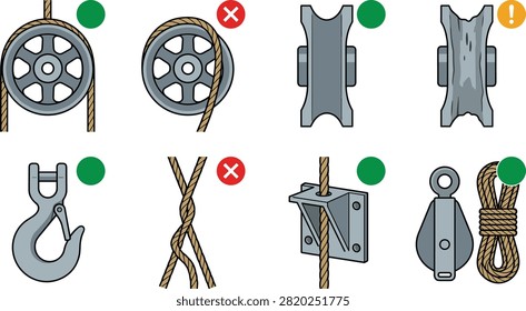 Educational collection showing correct and incorrect pulley rope placement, damaged components, safe hooks, rope clamps, and rigging accessories. Ideal for workplace safety training, lifting equipment manuals, engineering lessons, maintenance guides, and industrial infographics.
