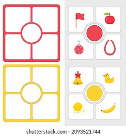Educational color matching game. Printable worksheet for preschool children. Different objects in red and yellow color. Learning colours. Puzzle
