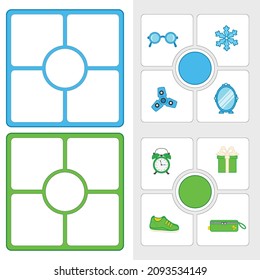 Educational color matching game. Printable worksheet for preschool children. Different objects in blue  and greenred  color. Learning colours. Puzzle