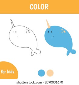 Educational color page for kids with narwhal