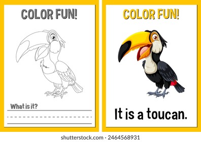Educational coloring activity featuring a toucan illustration