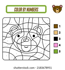 Educational coloring book by numbers for preschool children. Cute cartoon bear. Educational coloring page with animals. A training card with a task for preschool and kindergarten children.