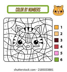 Educational coloring book by numbers for preschool children. Cute cartoon tiger. Educational coloring book with animals. A training card with a task for preschool and kindergarten children.