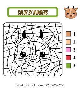 Educational coloring book by numbers for preschool children. Cute cartoon cow. Educational coloring book with animals. A training card with a task for preschool and kindergarten children.
