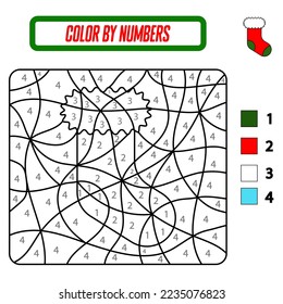Educational coloring book by numbers for preschool children. Cute cartoon christmas sock. Educational coloring book with sock. A training card with a task for preschool and kindergarten children.