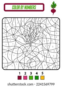 Libro de coloración educativa por números para niños de preescolar. Hortalizas de dibujos animados. Libro de coloración educativo con rábano. Una tarjeta de formación para niños de preescolar y de guardería
