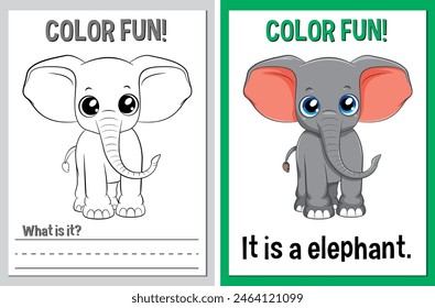 Educational coloring cards featuring a cute elephant