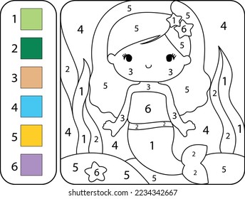 Educational coloring page by numbers for kids. Sweet little mermaid. Vector.