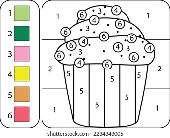 Bildungs-Farbseite nach Zahlen für Kinder. Kuchen. Vektorgrafik.