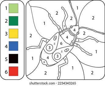 Educational coloring page by numbers for kids. Bug. Vector.