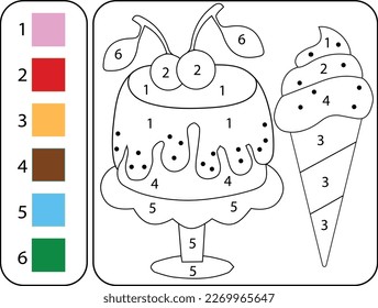 Educational coloring page by numbers for kids. Cake and ice cream. Vector.