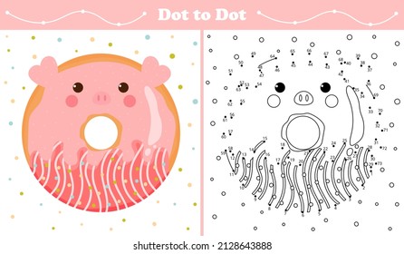 Educational coloring page with dot to dot puzzle for kids with pig or piglet shape sweet donut in cartoon style