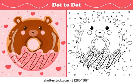 Educational coloring page with dot to dot puzzle for kids with bear shape sweet donut in cartoon style, printable