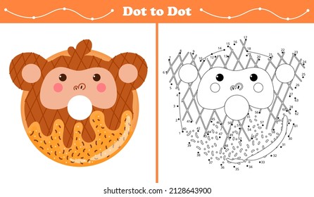 Educational coloring page with dot to dot puzzle for kids with monkey shape sweet donut in cartoon style
