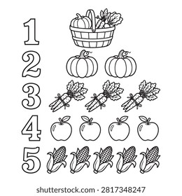 Educational coloring page featuring numbers 1 through 5, each matched with a corresponding count of produce like pumpkins, carrots, apples, and corn.