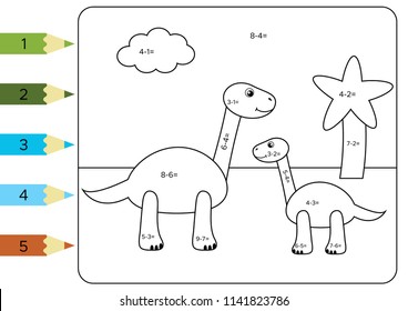 Educational coloring page for kids. Paint color by subtraction numbers. Funny cartoon dinosaurs Brachiosaurus with baby dinosaur. Vector illustration.
