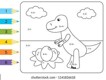 Educational coloring page for kids. Paint color by subtraction numbers. Funny cartoon dinosaur Tyrannosaurus Rex with eggs in nest. Vector illustration.