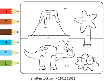 Educational coloring page for kids. Paint color by addition numbers. Funny cartoon dinosaur Triceratops with eggs in nest. Vector illustration.
