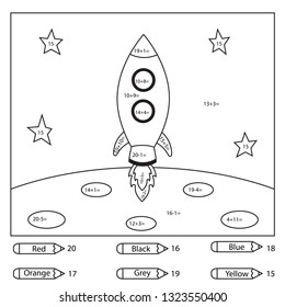 Educational coloring page for kids. Paint color by subtraction and addition numbers. Cute cartoon rocket on the moon. Space day. Vector illustration.