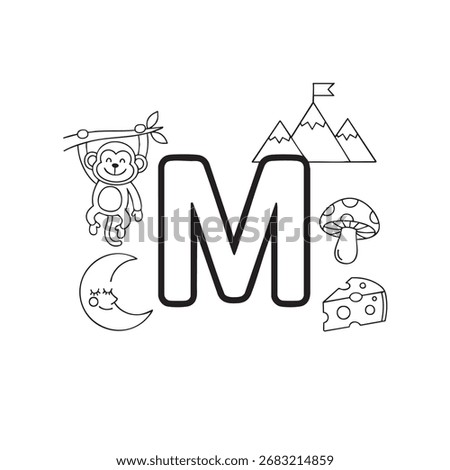 Educational coloring page with letter M and objects starting with M including monkey moon mountain mushroom and cheese for preschool learning