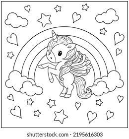 educational coloring page for preschool kids. Cute unicorn on the rainbow. Vector illustration.