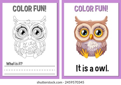 Educational coloring pages featuring a cute owl