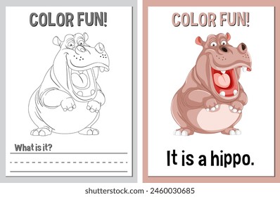 Educational coloring sheets featuring a cartoon hippo