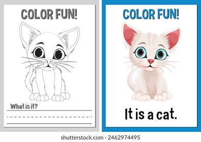 Educational coloring sheets featuring a cute cat