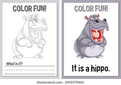 Educational coloring sheets featuring a happy hippo