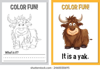 Educational coloring sheets featuring a yak