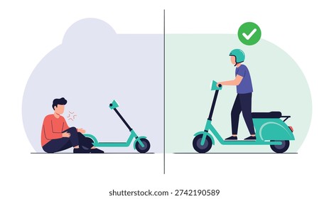 Educational comparison shows a rider falling off an electric scooter due to lack of gear versus a safe rider with a helmet and motor scooter.