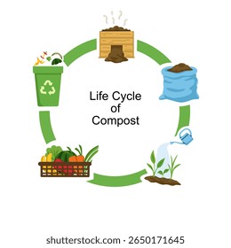 Ilustração do ciclo de vida do composto educacional mostrando restos de alimentos se transformando em composto, fertilizante e novas plantas em crescimento. Ideal para os tópicos de eco-aprendizado, agricultura e sustentabilidade.