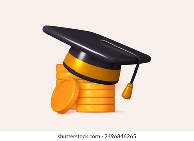 Educational concept. 3D coin wearing a graduation cap. Represents financial literacy, economic studies, and cash flow principles.