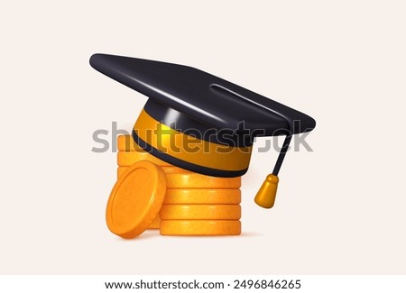 Educational concept. 3D coin wearing a graduation cap. Represents financial literacy, economic studies, and cash flow principles.