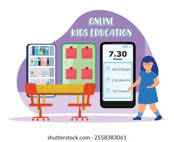 Educational concept artwork featuring a mobile classroom setting for children online learning, featuring books, schedules, and engaging learning environments in a variety of styles. 