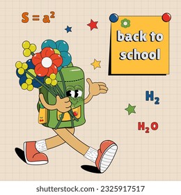 Educational concept. Cute cartoon character school backpack with flowers in his hands goes to school. Vector illustration with a school bag, pencils on a notebook sheet in a cartoon retro style.