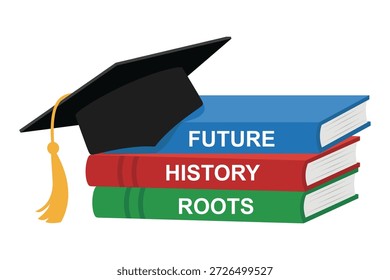 Ilustración de concepto educativo con un gorro de graduación en libros, que simboliza el aprendizaje, el patrimonio y el crecimiento