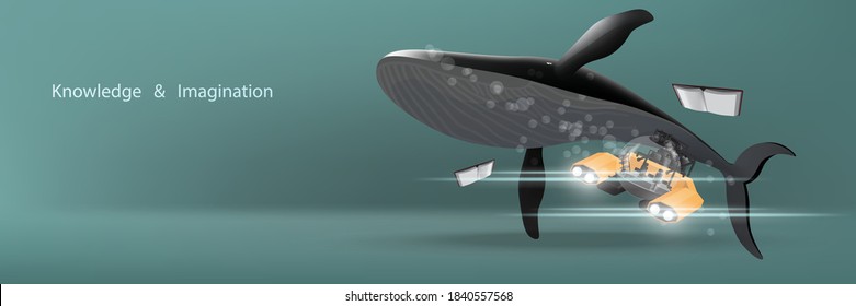 Educational concept of knowledge and imagination offers personal submarine or a small submarine in the ocean with whale and books isolated on gradient navy green background.